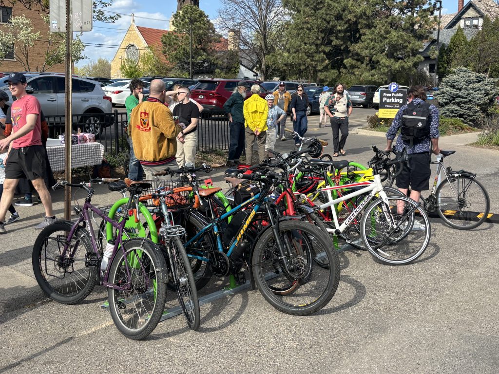 One of the newly installed racks, fully filled with bikes. Photo by Andy Singer