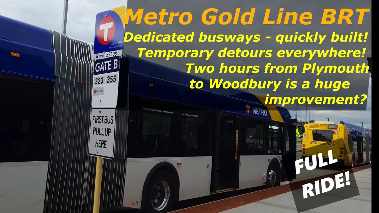 An articulated bus sitting at a bus station curb. Text advertises that this video will cover the Gold Line BRT and its dedicated busways.