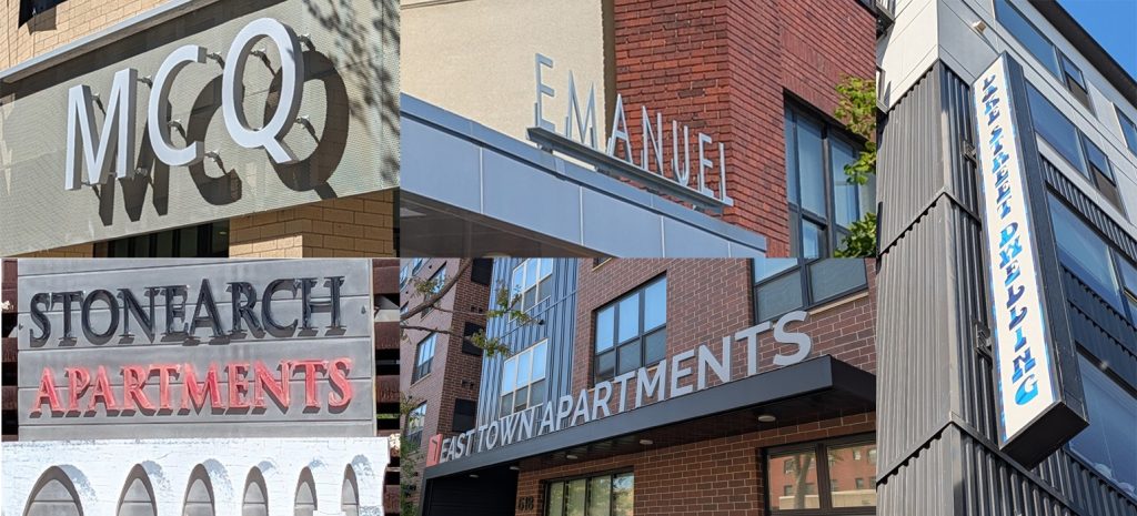 Apartment name signs: MCQ, Emanuel, Stonearch Apartments, Lake Street Dwelling.