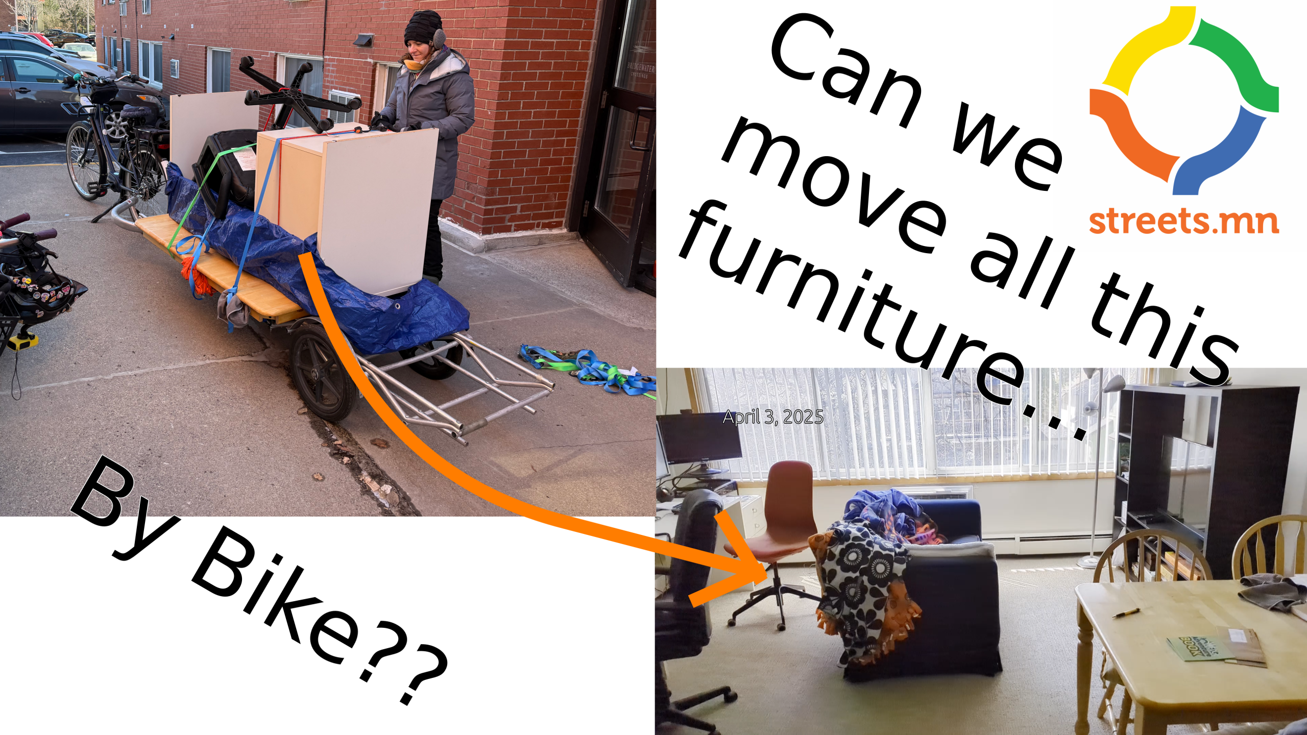 "Can we move all this furniture by bike??" With an arrow pointing from two people hauling furniture on bike trailers to a fully furnished apartment.