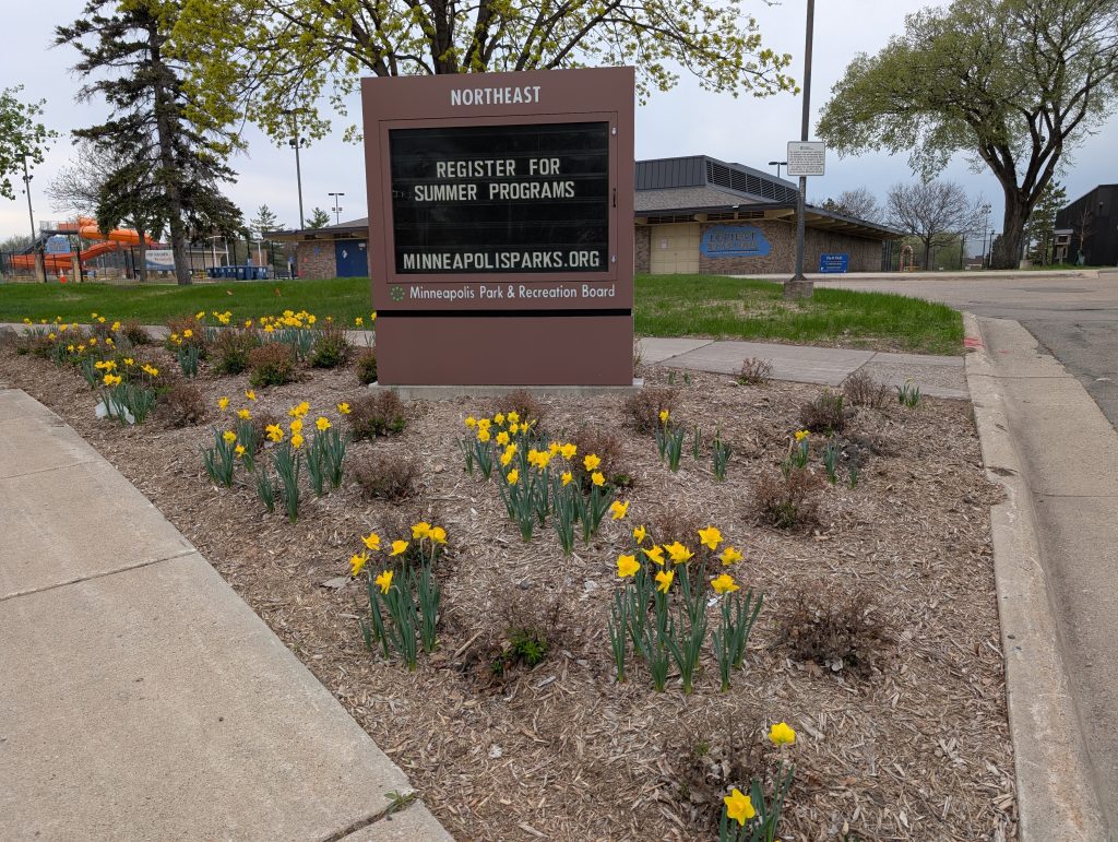Northeast park sign with daffodils