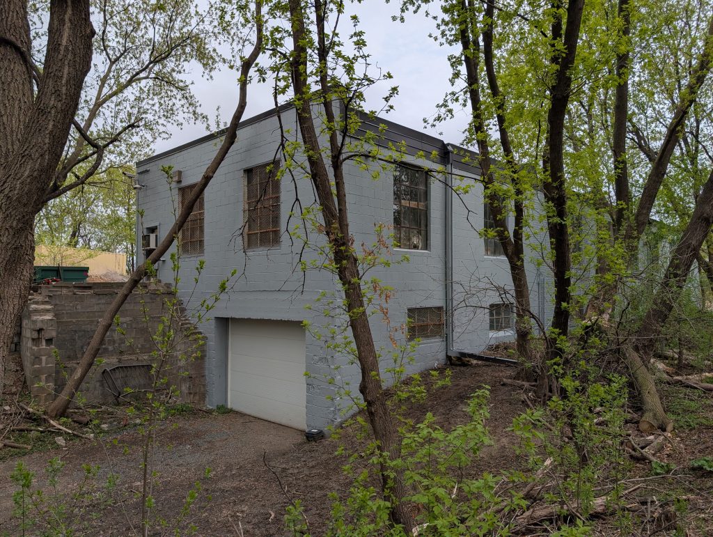 partially two-story cement block garage