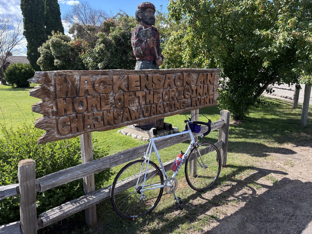 A sign in Hackensack, apparently home of the original chainsaw carving event.