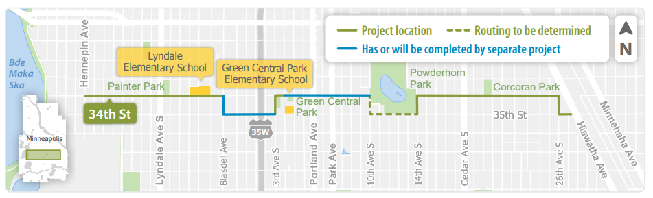 An image from the City of Minneapolis's "34th Street neighborhood greenway" page shows a map of 34th Street between Hennepin and Hiawatha avenues, with lines demarcating where the greenway will go.
