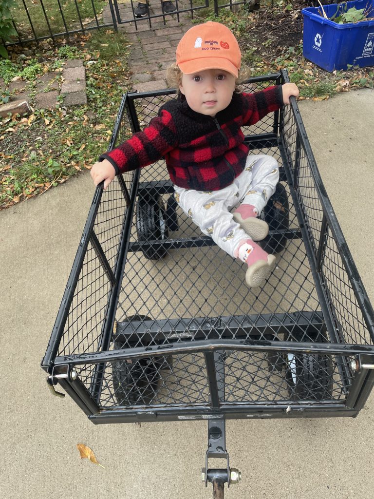 A toddler boy sits in a large metal wagon.