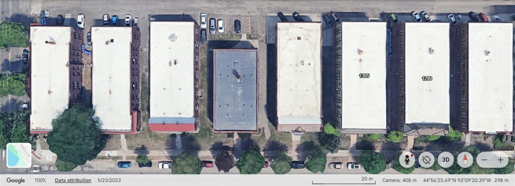 Aerial view of Grand Avenue apartments between Hamline and Syndicate St. Paul.