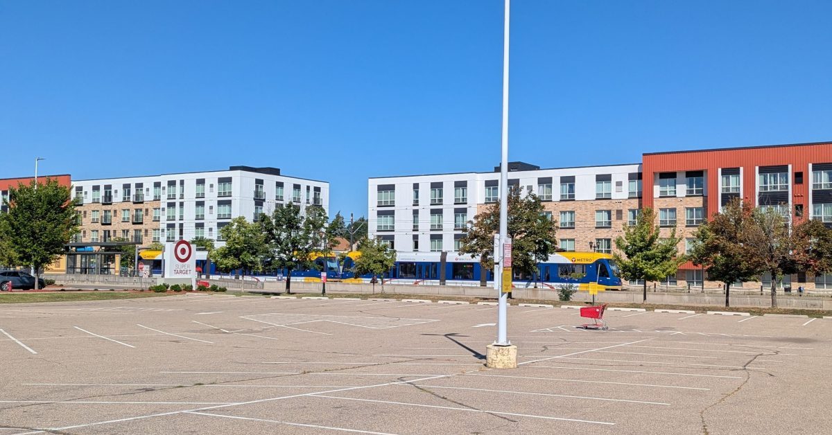 Target parking lot and Hamline Station Apartments, University Avenue, Saint Paul