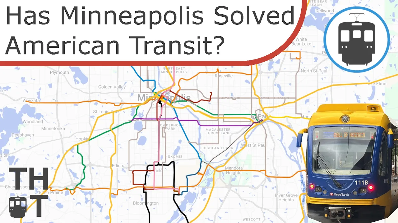A picture of a Blue Line light rail car overlaid on a map of the Twin Cities with a plethora of colored lines representing rail lines. Large text asks the question, "has Minneapolis solved American transit?"