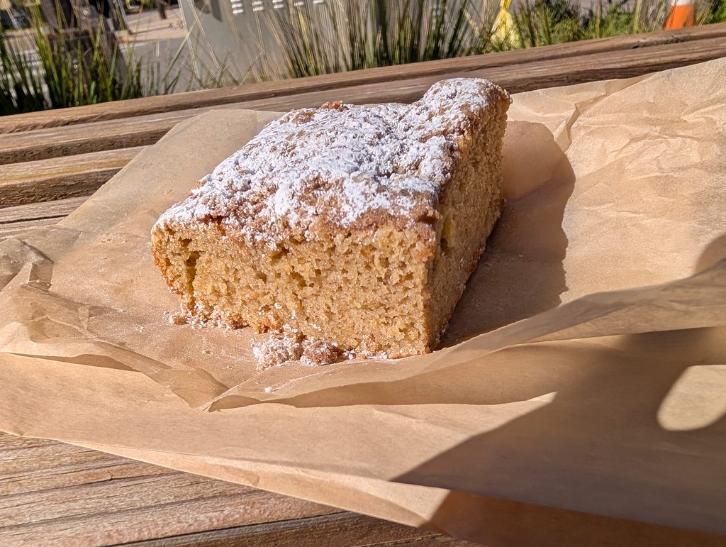 sunlit slice of coffee cake dusted with powdered sugar